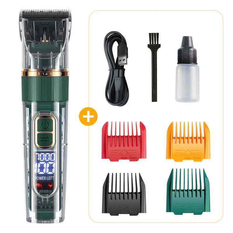 A professional pet hair trimmer with premium stainless steel blades and adjustable settings for customised grooming
