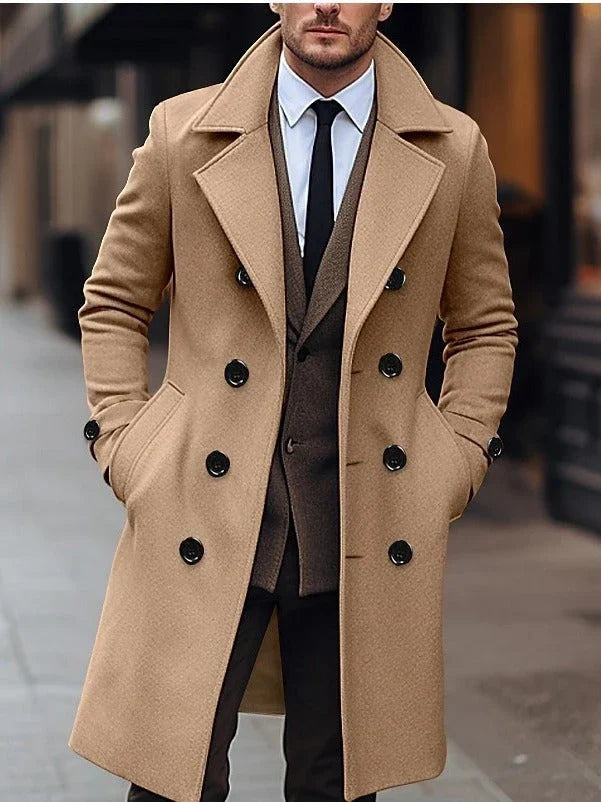 Premium double-breasted woollen men's coat in dark grey, perfect for British winters