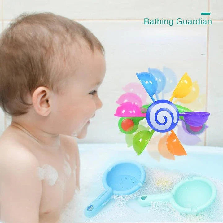 Colourful children's bath toy with a turning windmill and spoon for imaginative water play