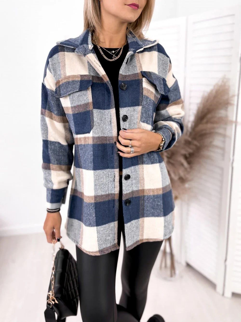 Sophisticated single-breasted plaid woollen jacket in black, apricot, and blue colours