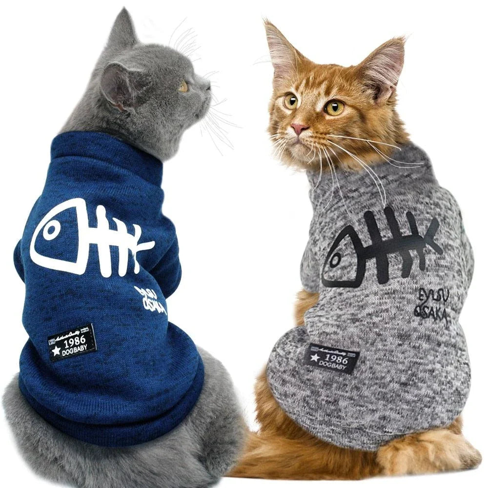 Stylish fish bone printed dog hoodie in gray and blue colours, perfect for keeping small pups warm and cosy in the UK