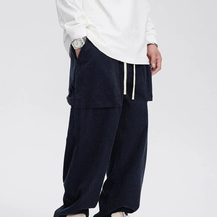 Retro corduroy straight-leg casual trousers for men in khaki and navy blue colours