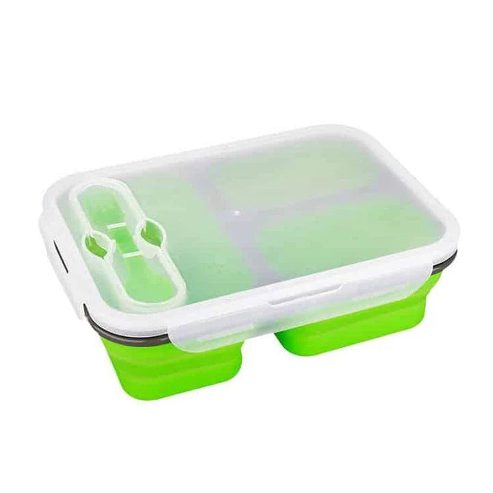 Collapsible silicone lunch box in orange colour, featuring a leakproof design and 1100ml capacity for on-the-go meals.