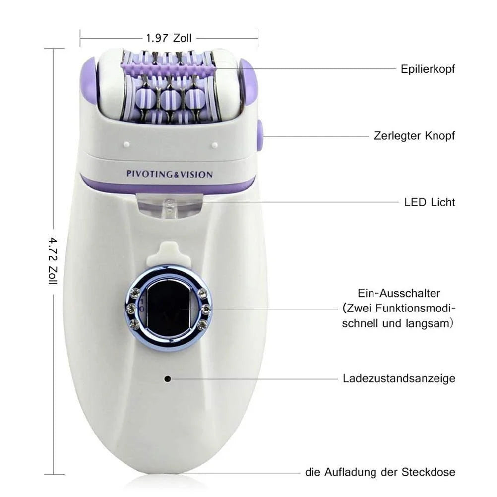 Premium 3-in-1 electric epilator and shaver for women with carbon steel blades, two speed settings, and built-in LED light for smooth, hair-free skin