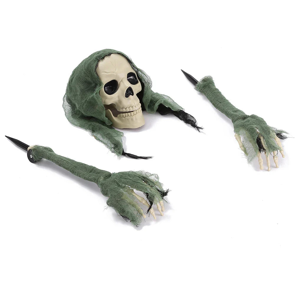 Three decorative plastic skull figures in green, red, and grey colours, perfect for Halloween home decor