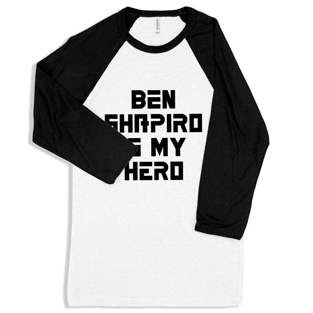 Premium Ben Shapiro baseball-style t-shirt in white and navy colours, featuring contrast raglan sleeves and side-seam detailing for a tailored fit