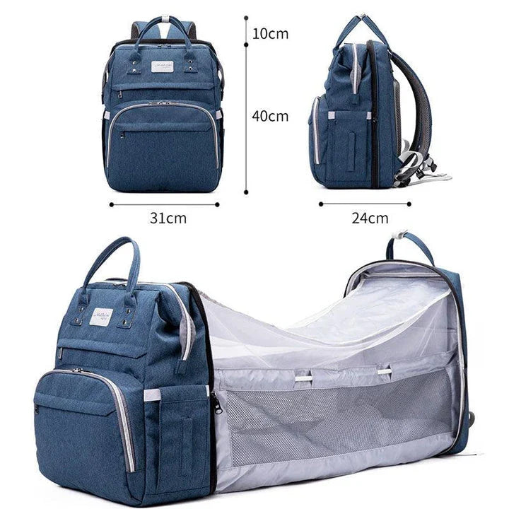 Multifunctional maternity diaper backpack with removable mosquito net, foldable crib, and water-resistant design for convenient family travel