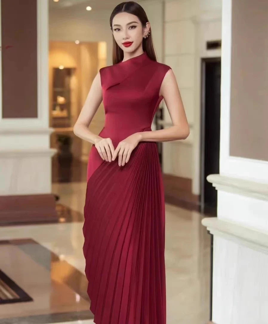 Elegant asymmetric dress with half turtleneck in wine red and milky white colours