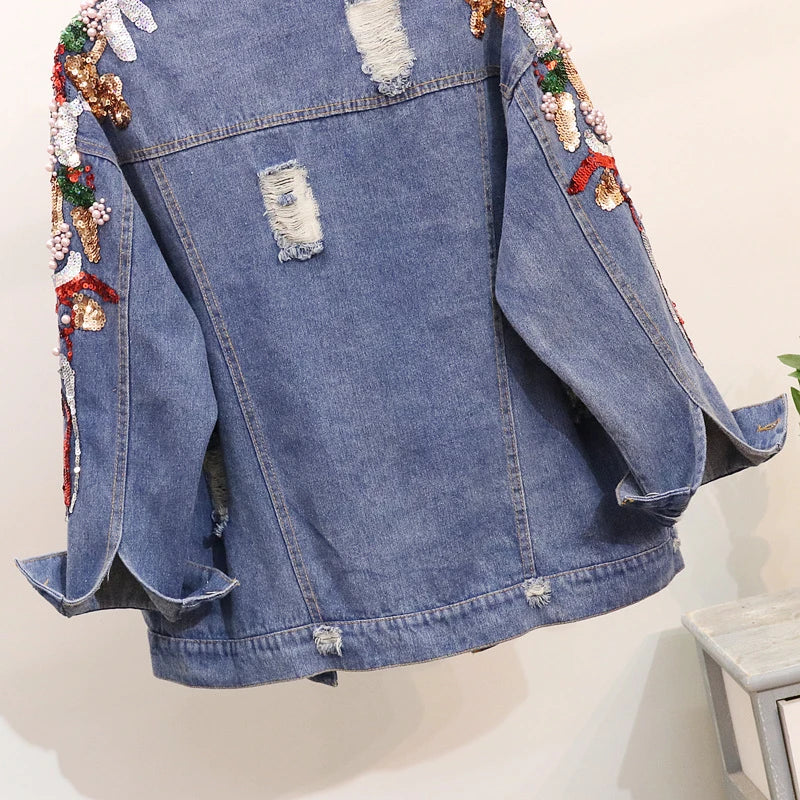 Premium embroidered denim jacket with slimming beaded sequins in a relaxed, flattering fit