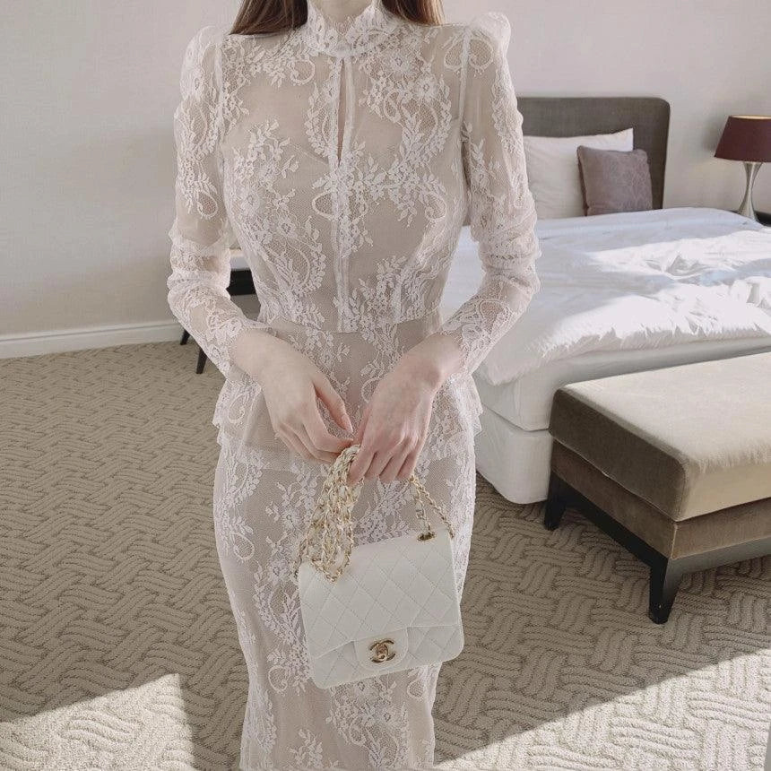 Elegant white lace crochet shirt with stand collar and ruffled fishtail hip skirt