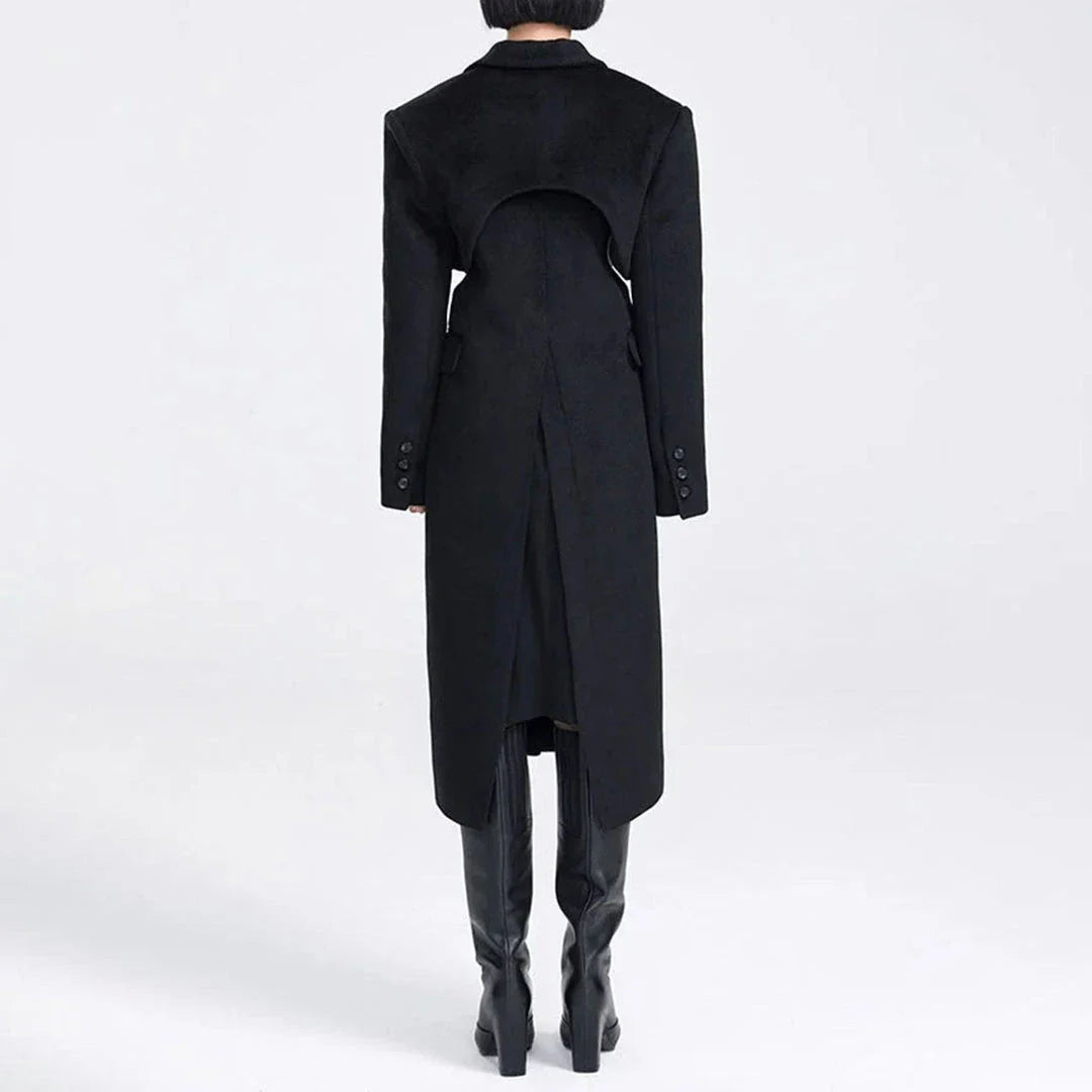Elegant autumn-winter woollen overcoat with waist cut-out design, turn-down collar, and single-button closure
