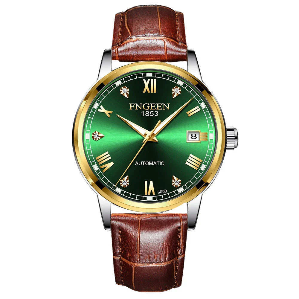 Premium automatic mechanical watch with leather strap, featuring a stainless steel case, luminous hands and markers, and a stylish British-inspired design