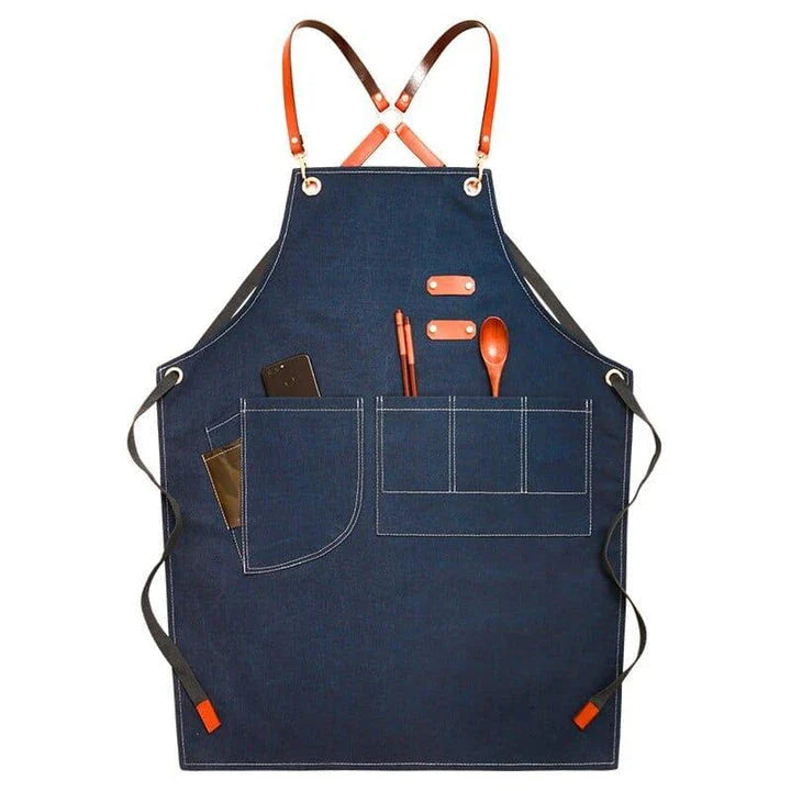 Premium canvas barista apron with British-inspired design, perfect for protecting clothing while crafting coffee.