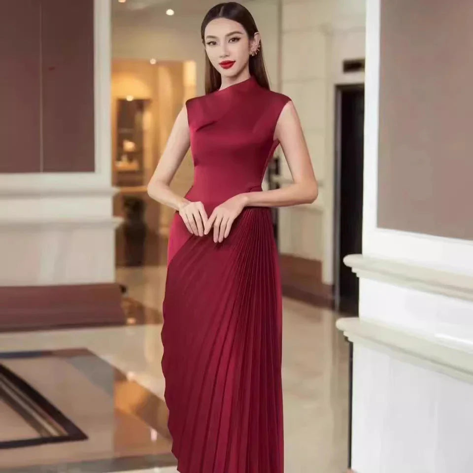 Elegant asymmetric dress with half turtleneck in wine red and milky white colours