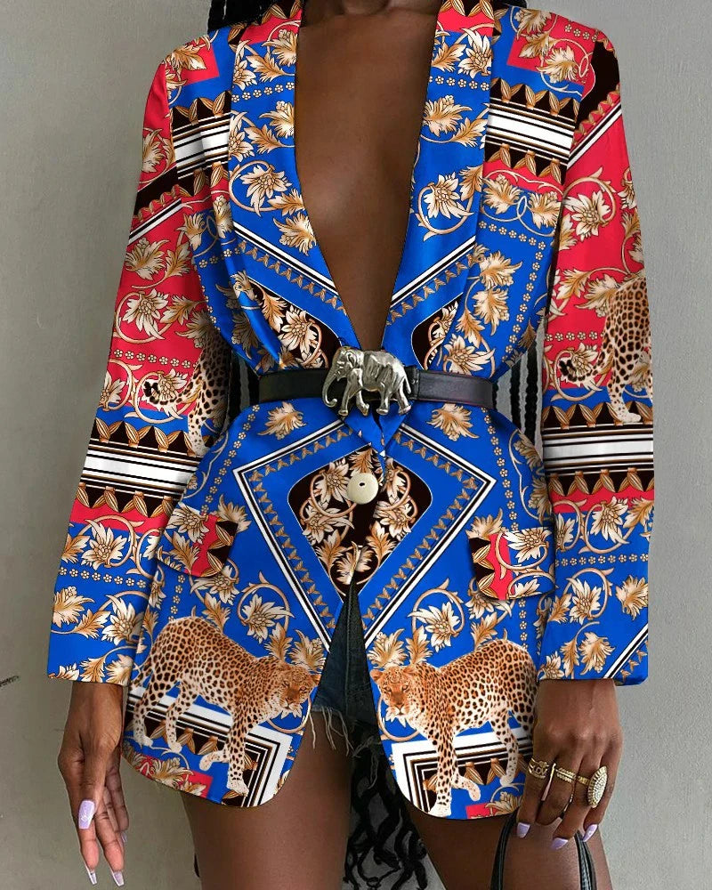 Women's Stylish Printed Shawl-Collar Single-Breasted Blazer with Belt in various colours