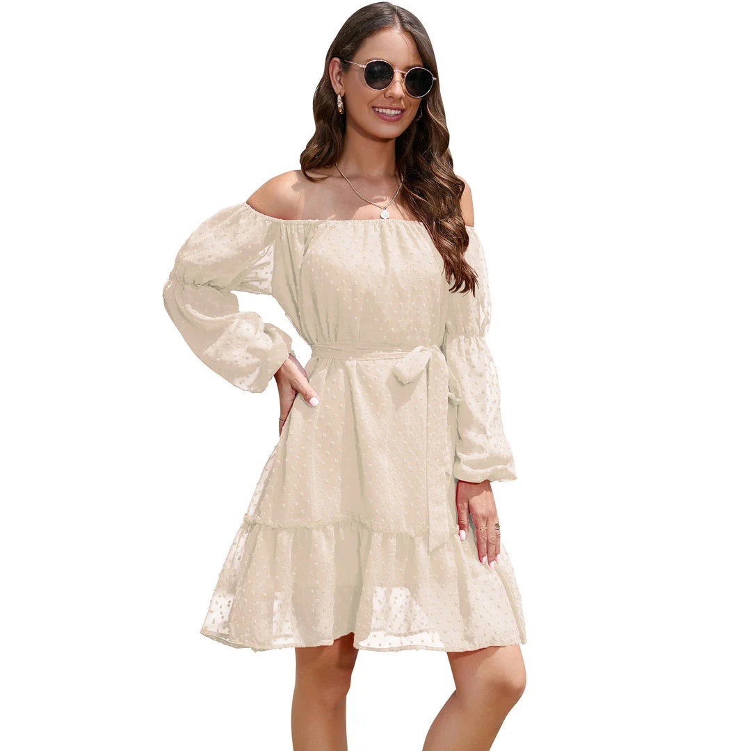 Stylish one-shoulder chiffon dress with ruffled bubble dot design, available in various sizes and blue colour
