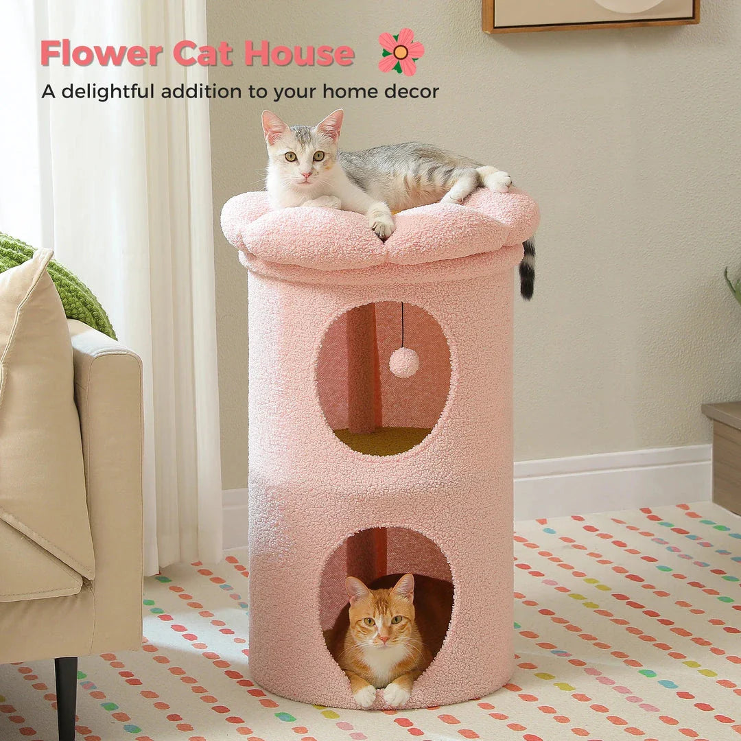Luxurious double-decker cat bed with charming flower-shaped perch and interactive toy, made with soft corduroy fabric for maximum comfort.