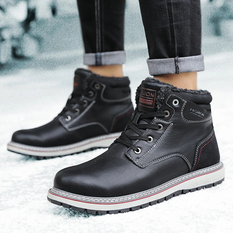 A pair of warm, comfortable men's winter boots with a plush lining and lace-up design, suitable for cold weather wear.