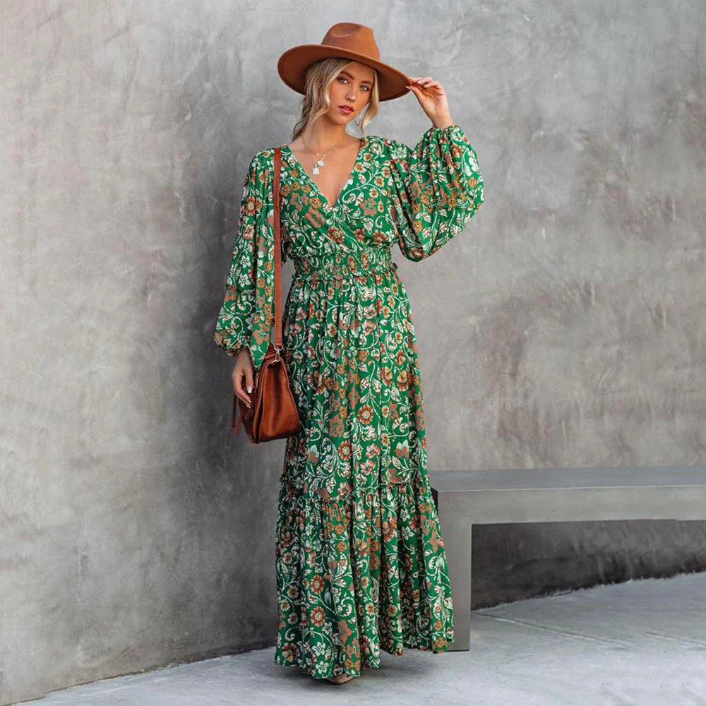 A stylish printed lantern sleeve dress with a v-neck and halter design, perfect for elevating your wardrobe.