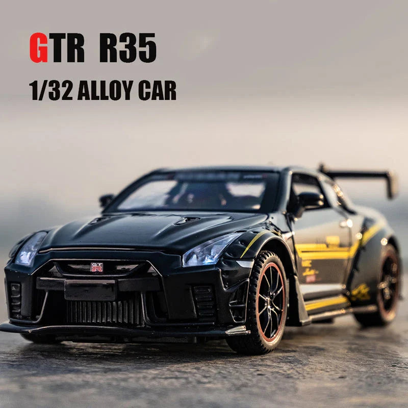 Premium 1:32 scale diecast model of the iconic Skyline R34 and R35 sports car, featuring detailed construction, interactive elements, and authentic design.