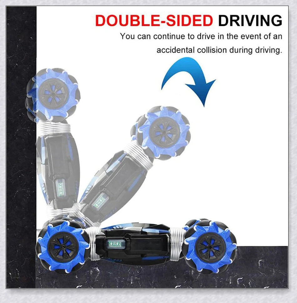 Remote control stunt car with 360-degree rotation, flips, and built-in colourful lights and music for exciting playtime