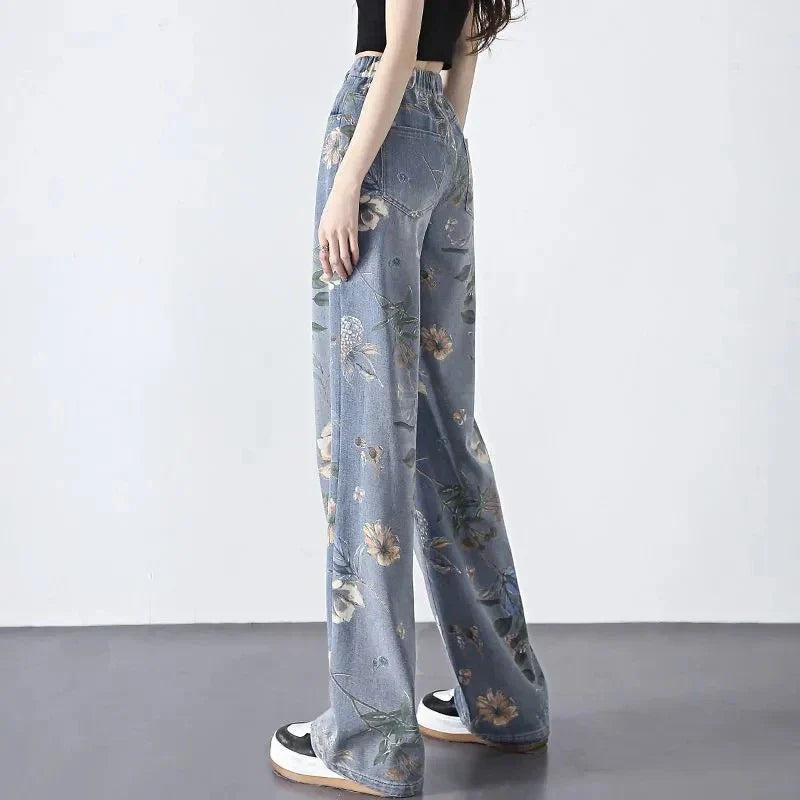 A pair of stylish painted wide-leg jeans in a high-waist design for a slimming and flattering silhouette