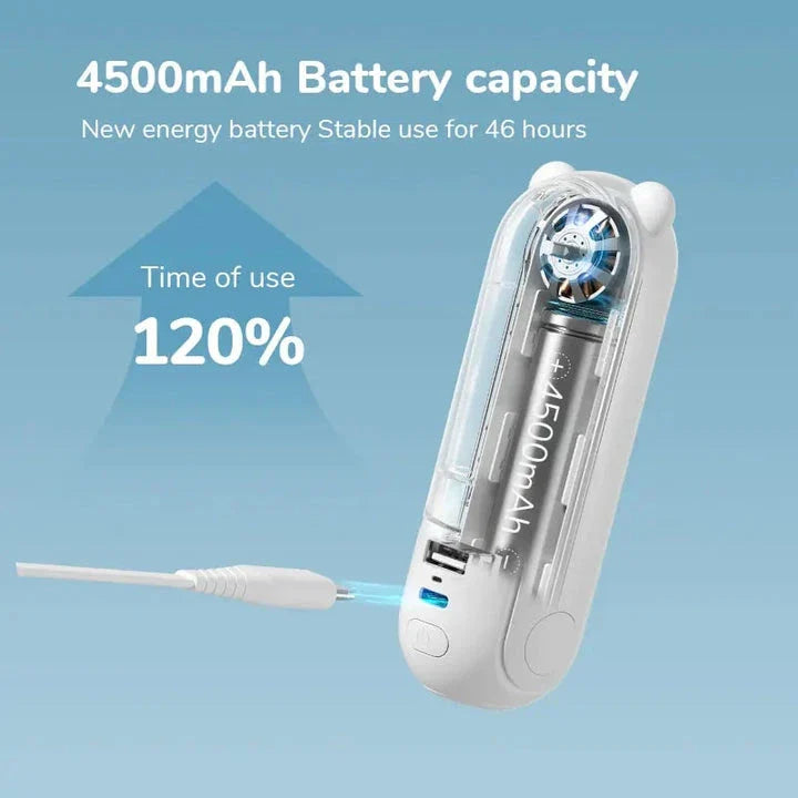 Portable Mini Handheld Fan with 4500mAh battery, 3 speed settings, power bank, and flashlight