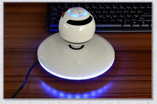Levitating Bluetooth speaker with colourful lights, creating a mesmerising audio experience