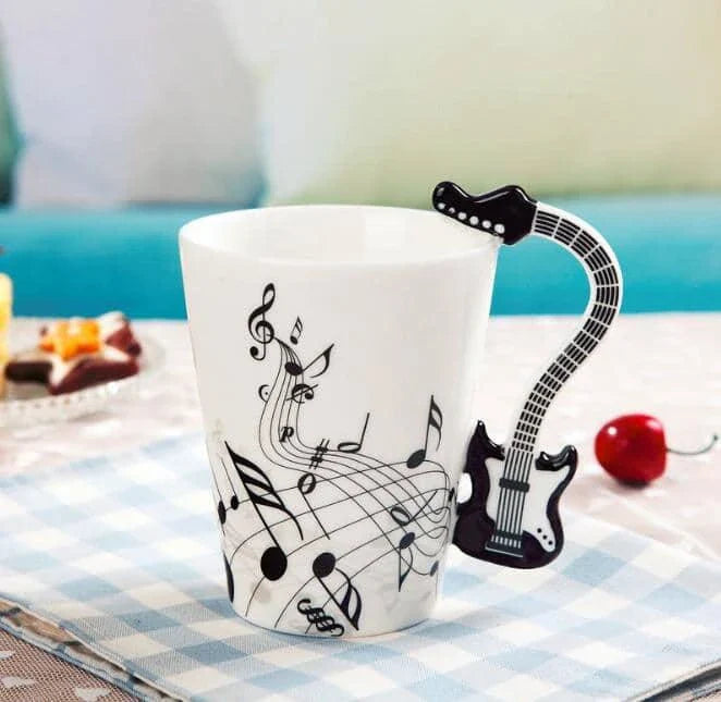 Premium eco-friendly ceramic mug with unique musical instrument-themed designs, a charming and sustainable addition to any kitchen.