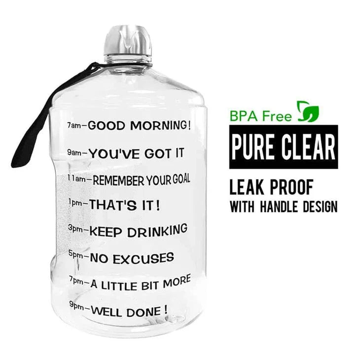 Premium customized gallon water bottle with time tracker markings, available in multiple vibrant colours