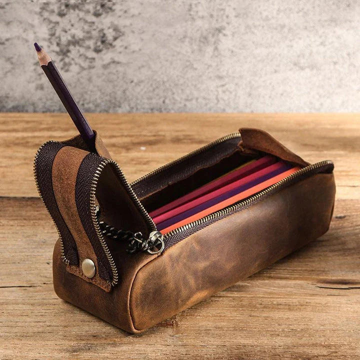 Premium Crazy Horse Leather Double-Zip Portfolio Bag with Sleek Design and Ample Storage Space