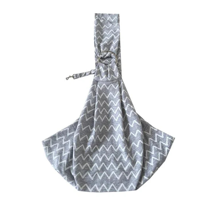 Grey striped cotton pet sling carrier bag with adjustable strap for comfortable and secure pet transport