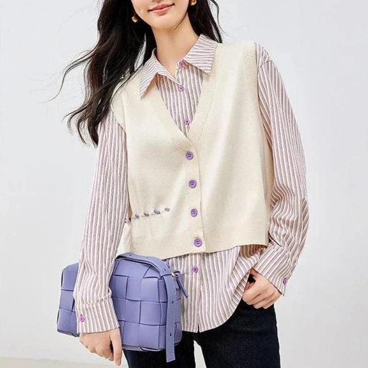 Autumn Polo Neck Blouse and Knitted Vest Set with Stripe Pattern and Button Detailing