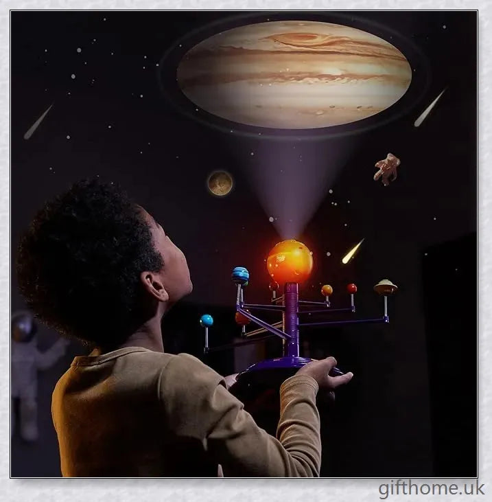 Colourful sky projector displaying planets and stars, creating a starry night effect in a room