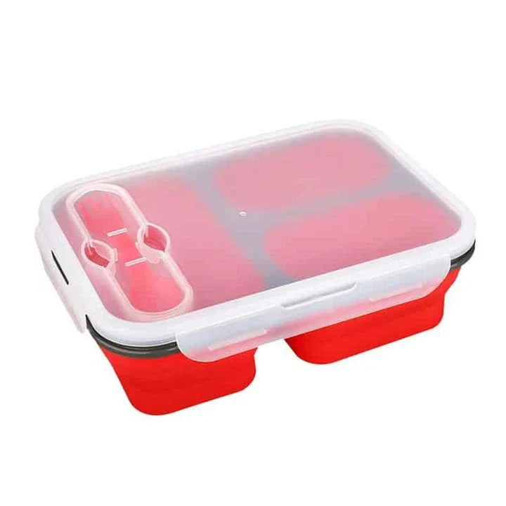 Collapsible silicone lunch box in orange colour, featuring a leakproof design and 1100ml capacity for on-the-go meals.