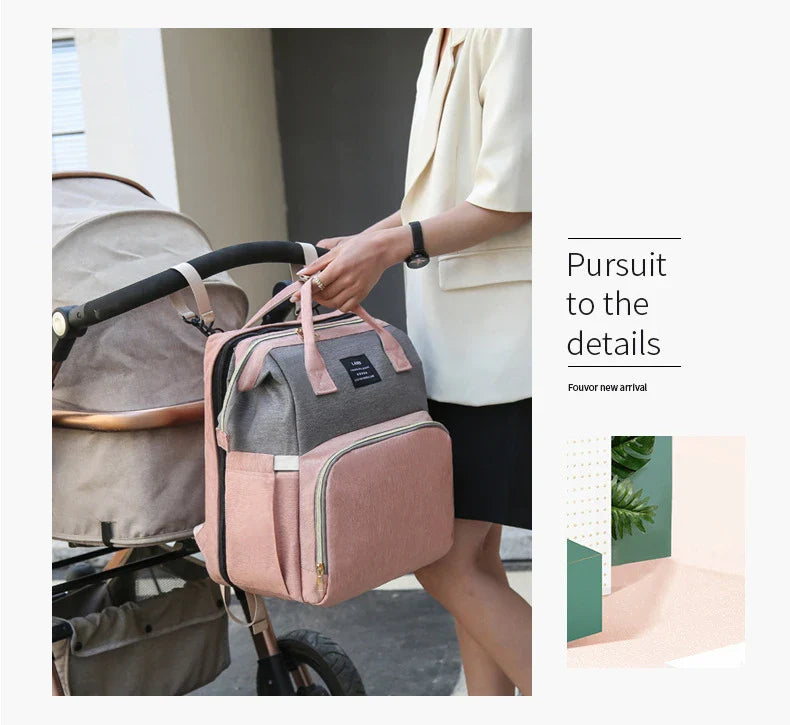 Multifunctional maternity diaper backpack with removable mosquito net, foldable crib, and water-resistant design for convenient family travel