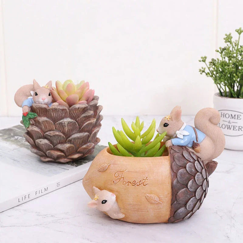 Cartoon squirrel-themed succulent planter in resin material, featuring a drainage hole for healthy plant growth