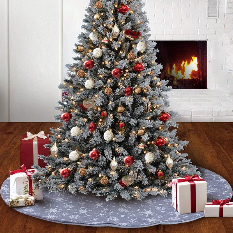 Premium grey background tree skirt with delicate white snowflake patterns, perfect for traditional British Christmas decor