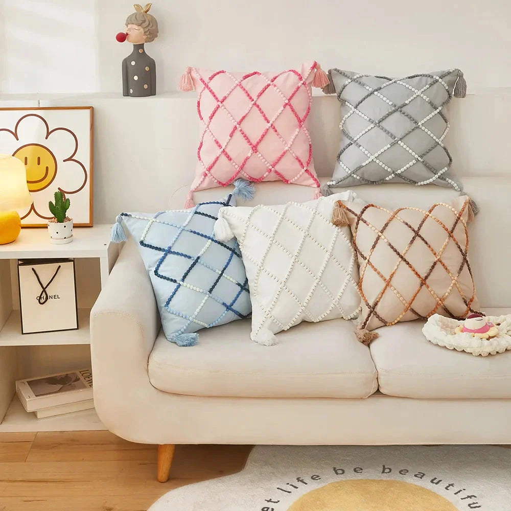 Nordic geometric tassel cushion cover with gradient design, perfect for adding modern style to your home