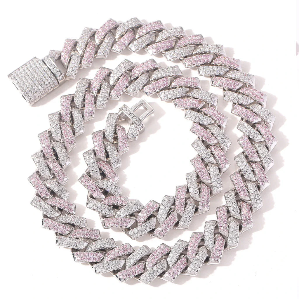 Stylish men's hip hop necklace with pink zircon stone and adjustable Cuban link chain