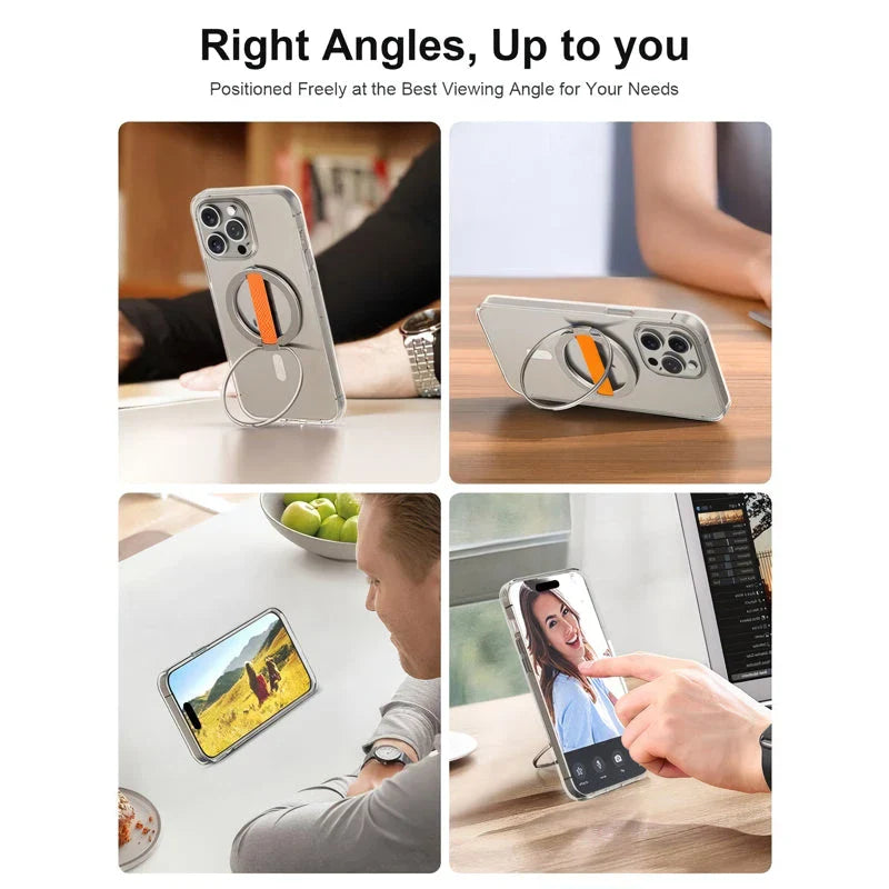 A premium 360-degree magnetic ring phone holder with wireless charging capabilities, made from high-quality aluminium alloy.