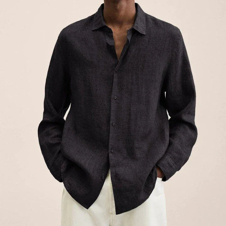 Stylish men's oversized button-up cardigan shirt in a classic solid colour, featuring a relaxed fit and sophisticated lapel collar design.