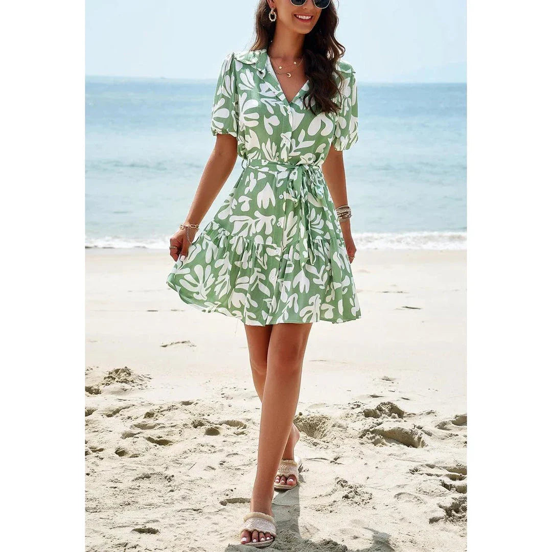Elegant Geometric Print Mini Dress in Khaki with A-Line Silhouette and V-Neckline
