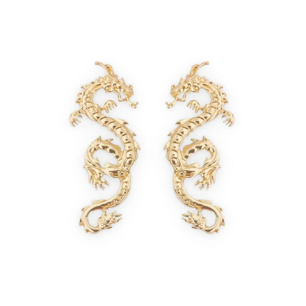Stunning gold-coloured dragon stud earrings with intricate details, a fashionable accessory for UK customers