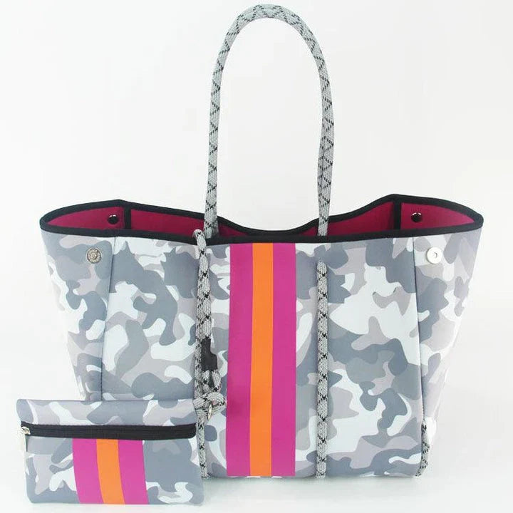 A neoprene beach bag in a stylish design, perfect for British summer adventures at the coast