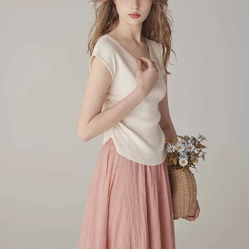 Refined Solid Colour Modest V-Neck Short Sleeve Slenderising Women's Top in Beige, Navy, and Black