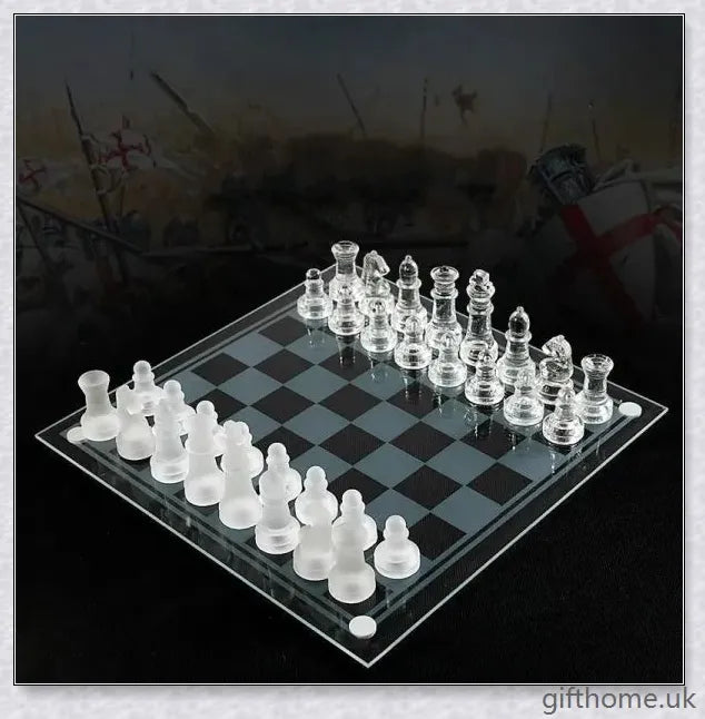 Acrylic Elegant Glass Chess Set with transparent board and frosted/clear glass pieces in small, medium and large sizes