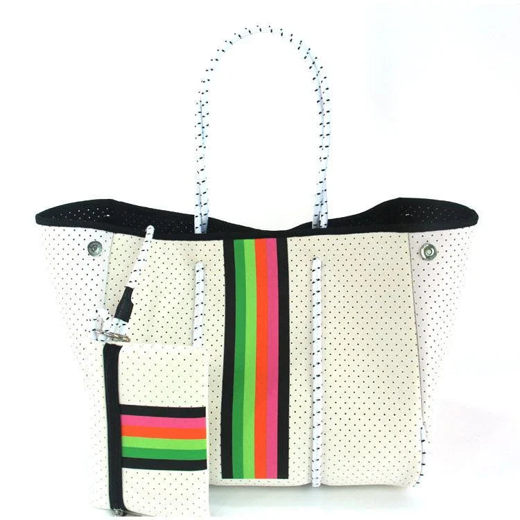 A neoprene beach bag in a stylish design, perfect for British summer adventures at the coast