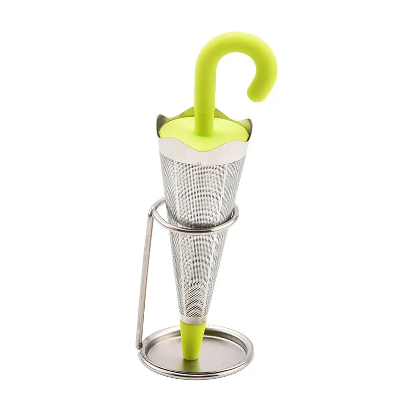 Silicone and stainless steel tea strainer with an umbrella-inspired design, available in various colours