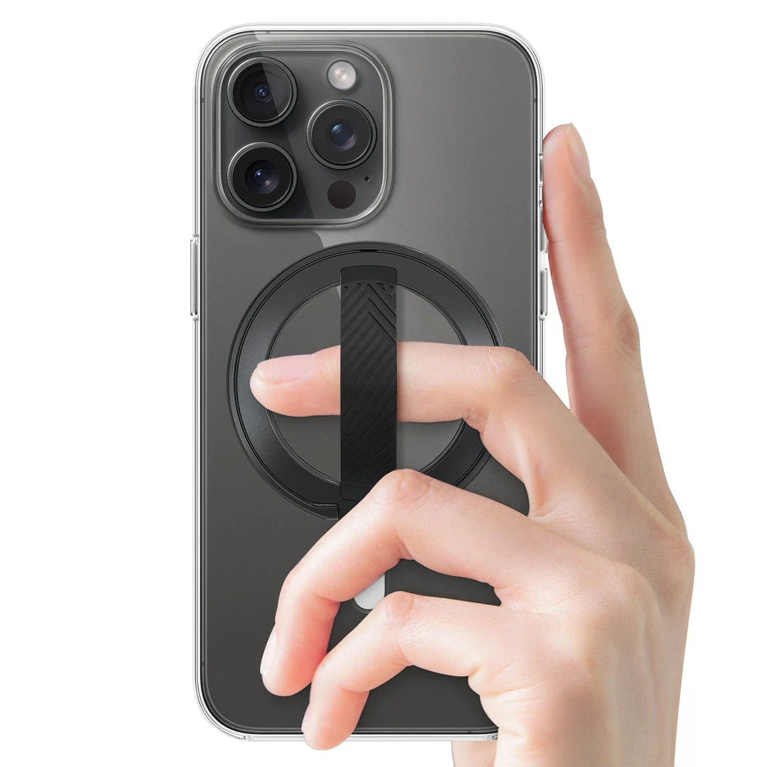A premium 360-degree magnetic ring phone holder with wireless charging capabilities, made from high-quality aluminium alloy.